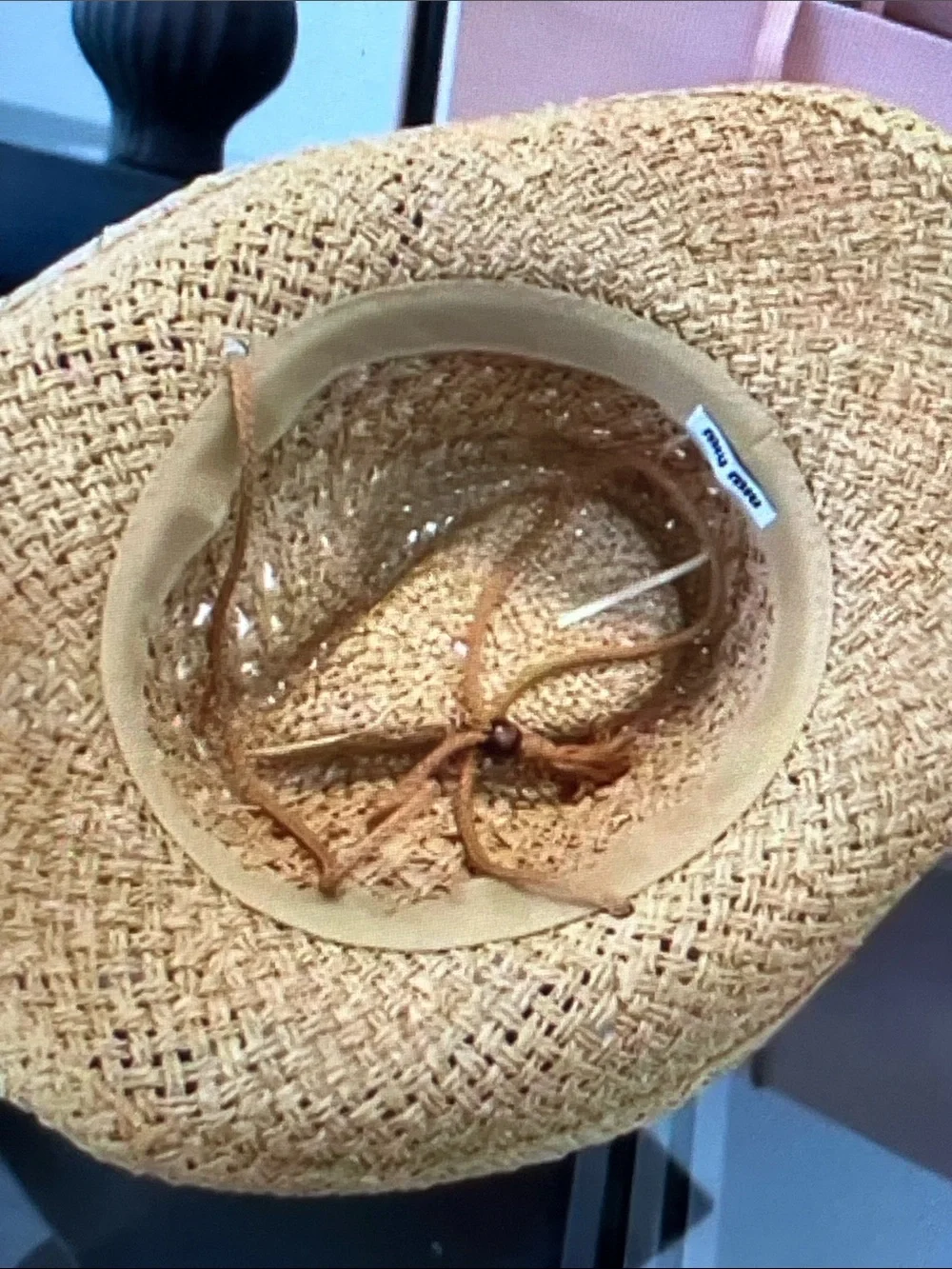 Miu Miu Tan Braided Straw Cowboy Hat with Logo Plaque